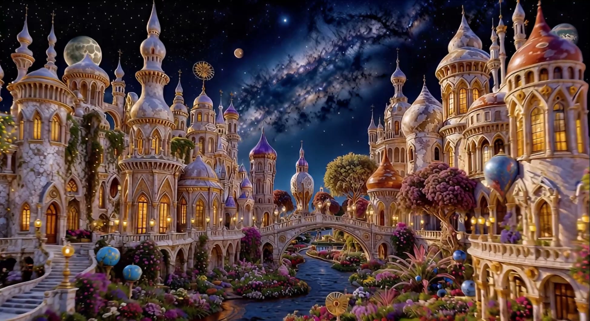 Enchanted fantasy palace city with glowing windows, a flower-lined river, stone bridge, and swirl...
