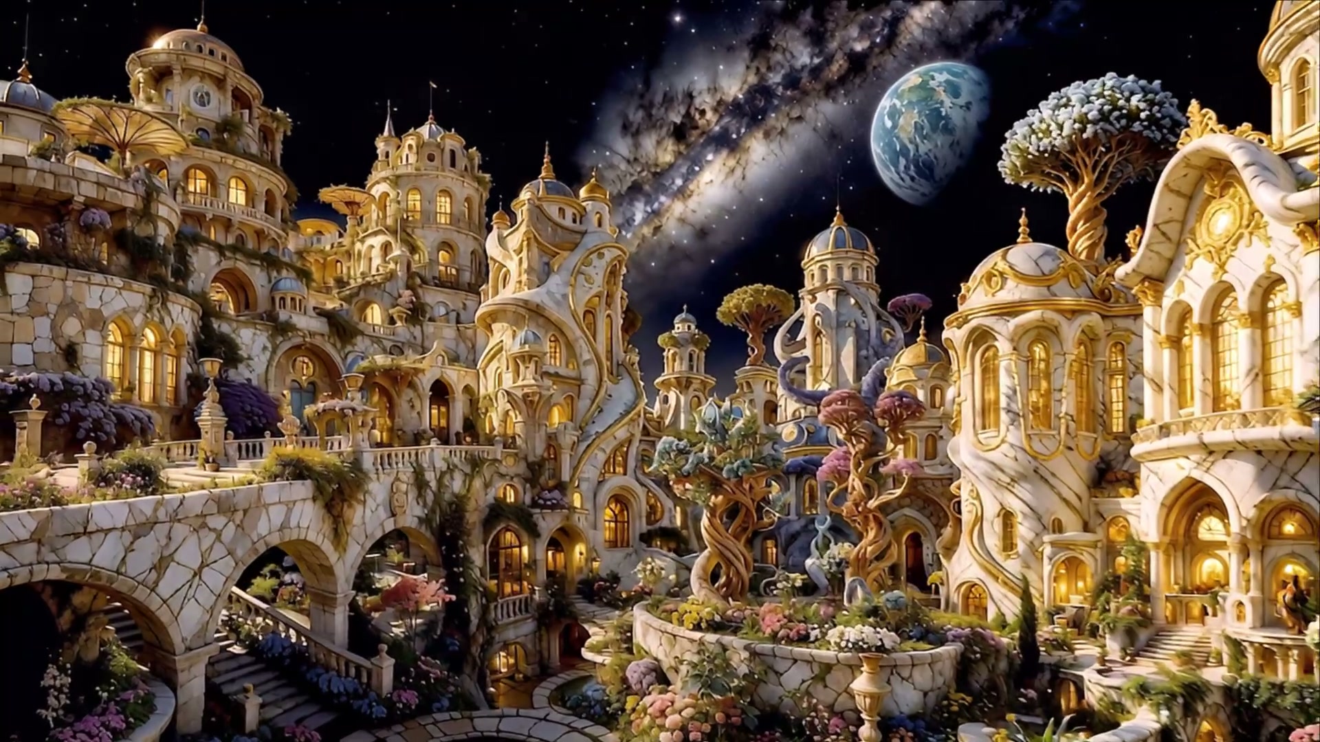 Ornate gilded fantasy marble city with glowing windows, magical trees, under starry galaxy sky wi...