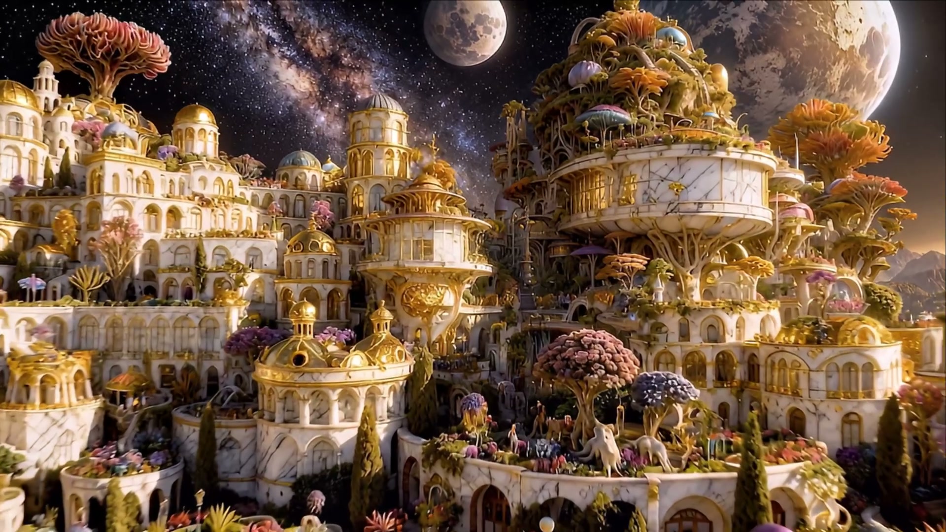 Ornate fantasy alien city with gilded white marble architecture, exotic alien trees, twin moons, ...
