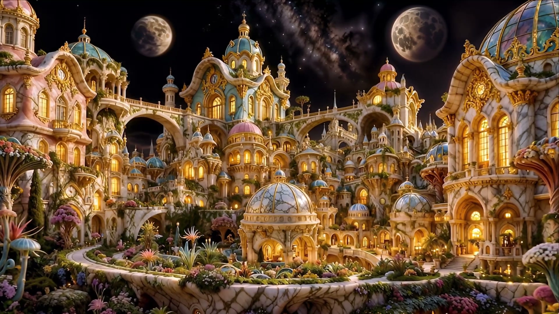Ornate pastel fairytale palace complex under twin full moons and starry galaxy sky, surrounded by...