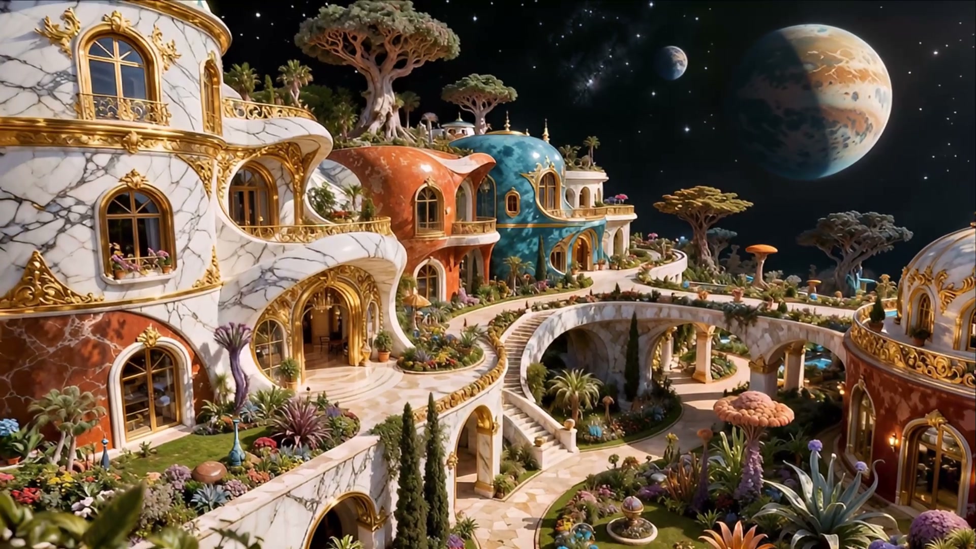 Ornate gilded extraterrestrial palace complex with lush whimsical alien gardens under a starry sk...