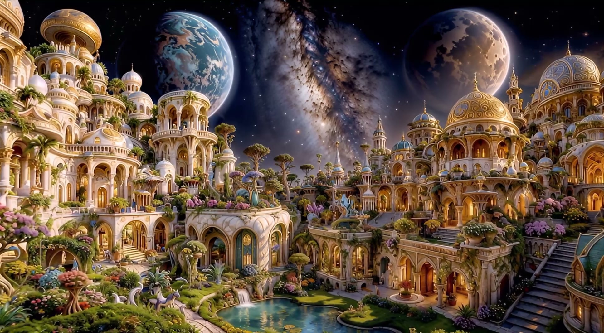 Ornate fantasy celestial city with domed palaces, lush gardens, and twin planets above a starry n...