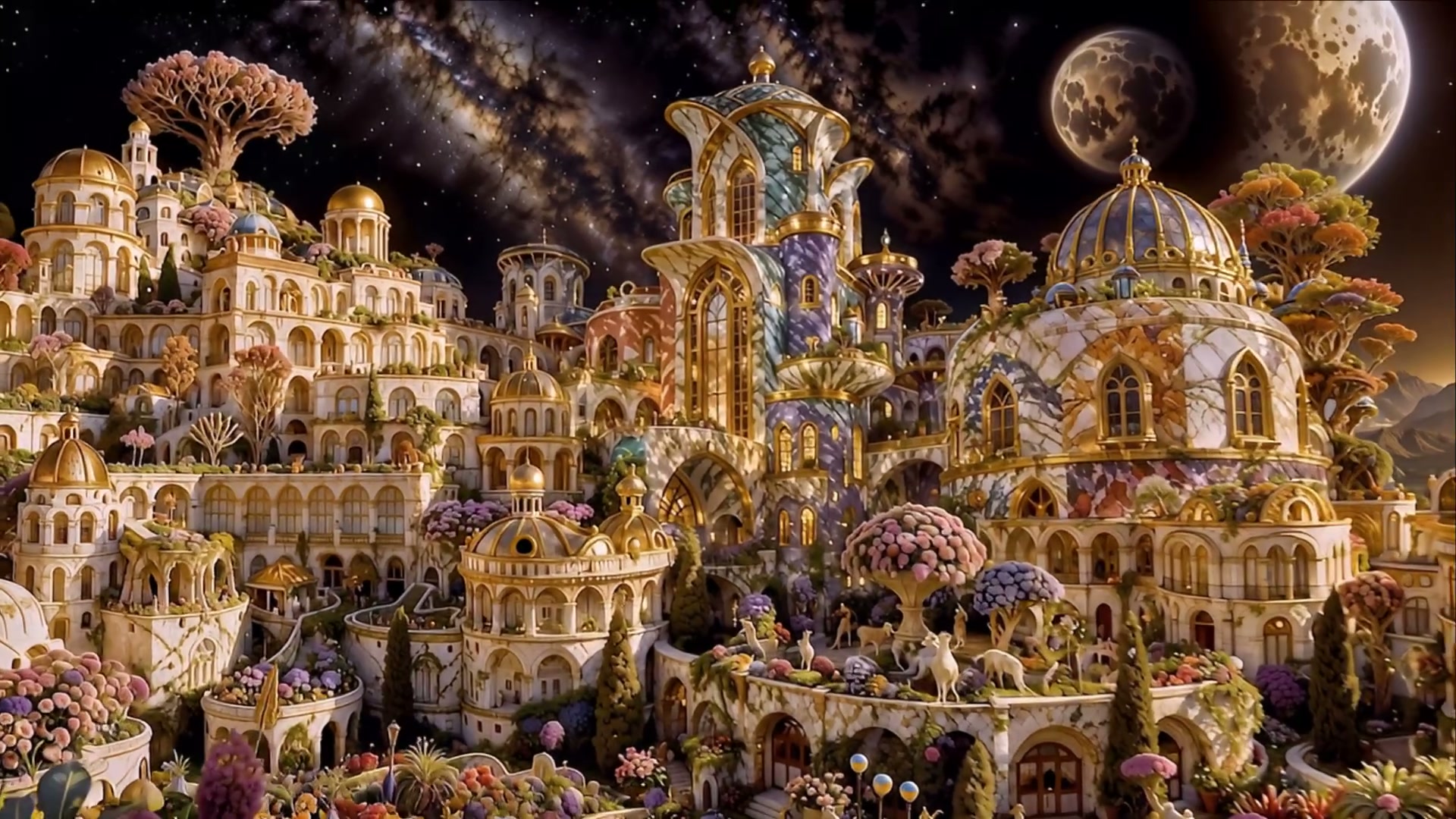 Ornate magical fantasy palace city with golden domes, alien trees, and twin full moons under a sw...