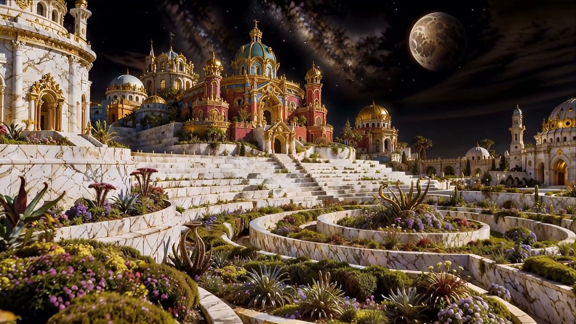 Ornate fantasy hilltop palace with tiered marble gardens sits under a starry cosmic night sky wit...