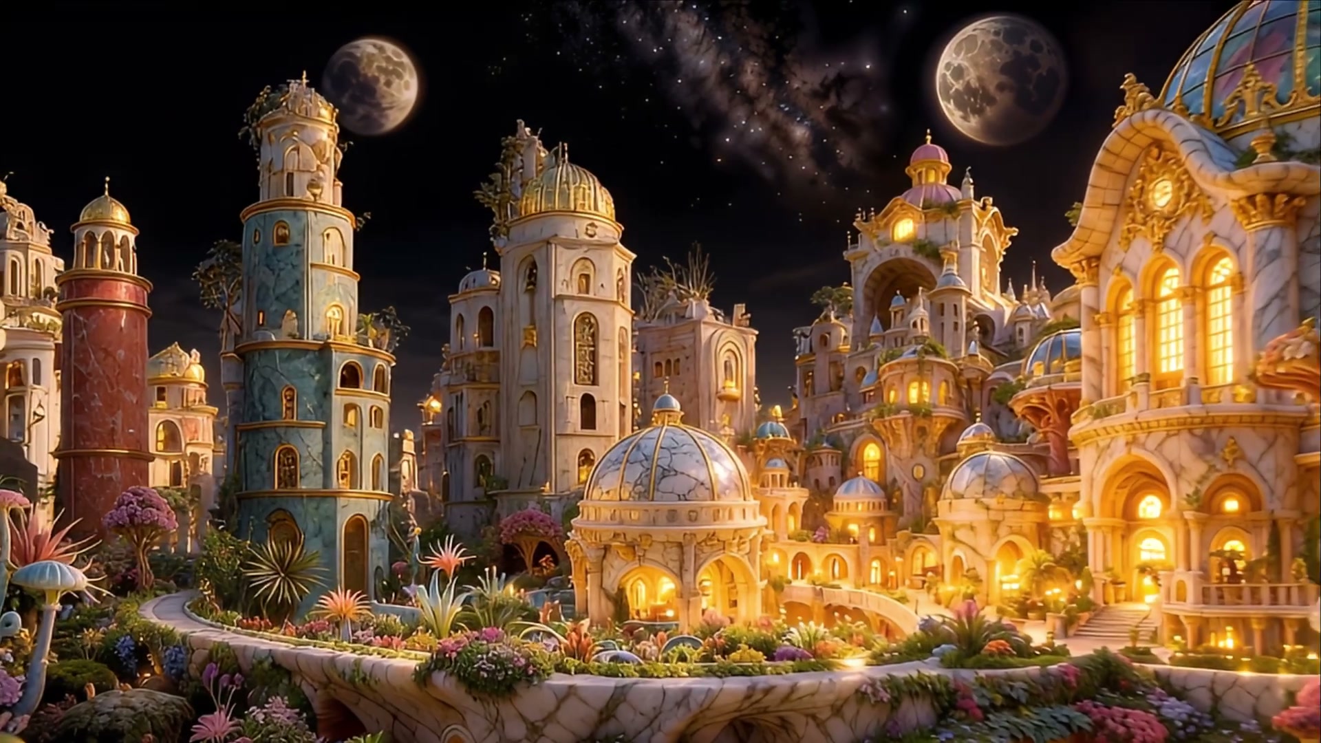 Enchanted fairytale fantasy city with glowing ornate towers, lush gardens, twin full moons under ...