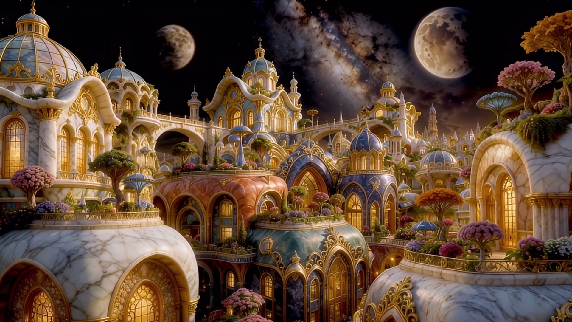 Ornate fantasy celestial palace city with glowing domed buildings, lush rooftop gardens, twin moo...