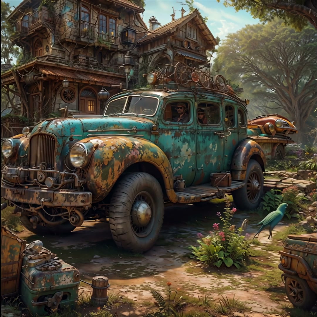 Rusted turquoise vintage adventure van parked outside an overgrown cottage in a sunlit fantasy fo...