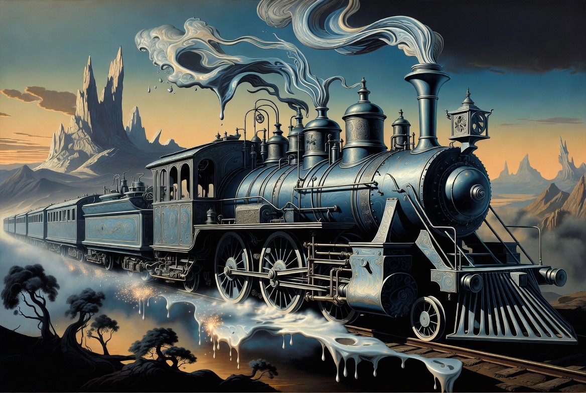 Surreal metallic blue vintage steam locomotive with melting dripping smoke traveling through a jagged desert mountain suns...
