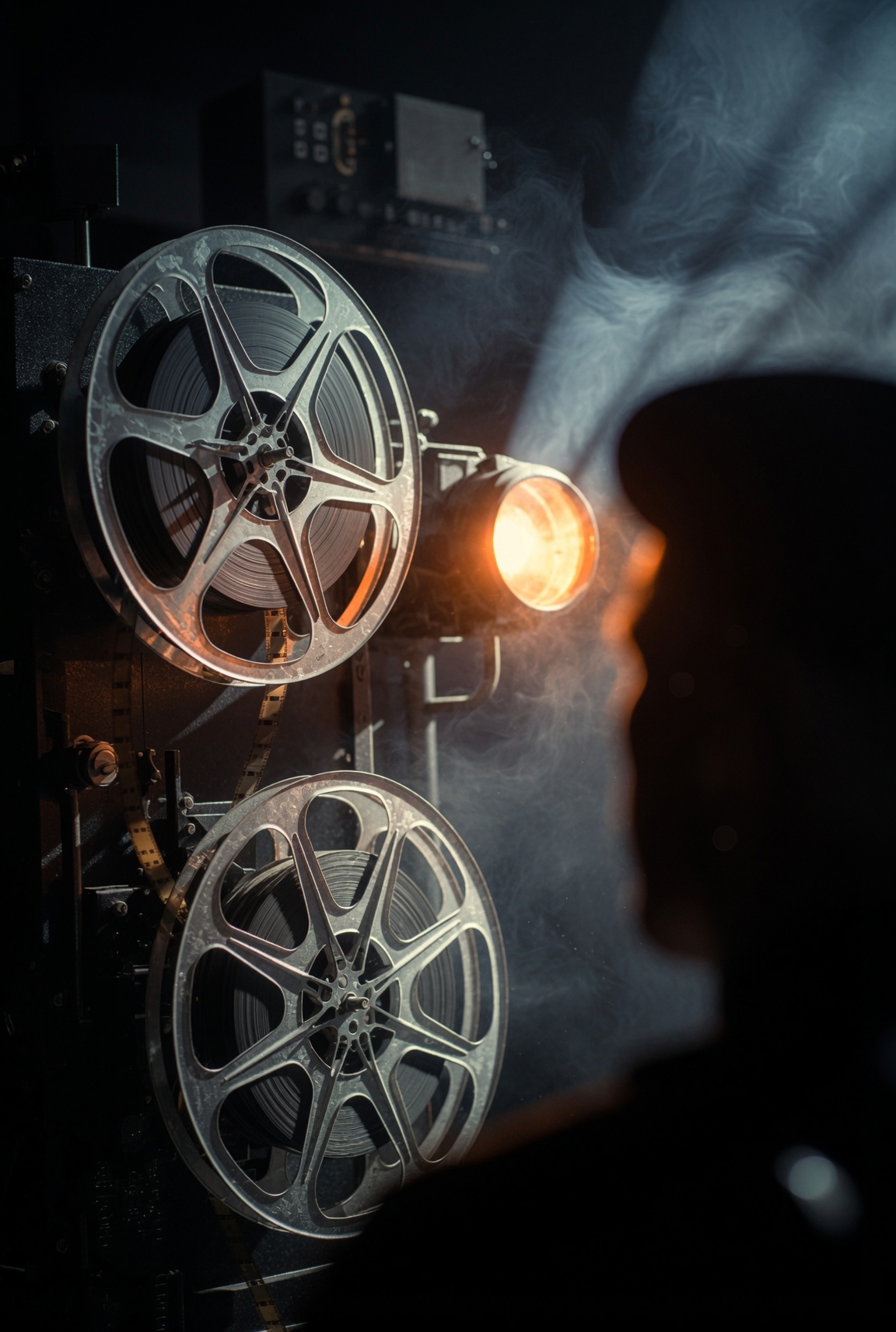 [Silhouetted viewer watches a working vintage reel-to-reel film projector, glowing lamp cutting through a wispy smoky proj...
