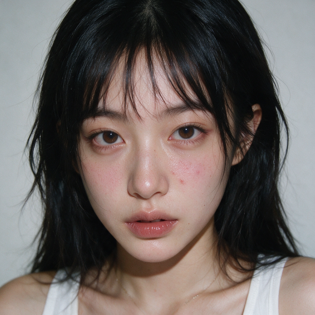 Close-up portrait of young East Asian woman with natural dewy skin, messy black bangs, and simple white tank top against p...