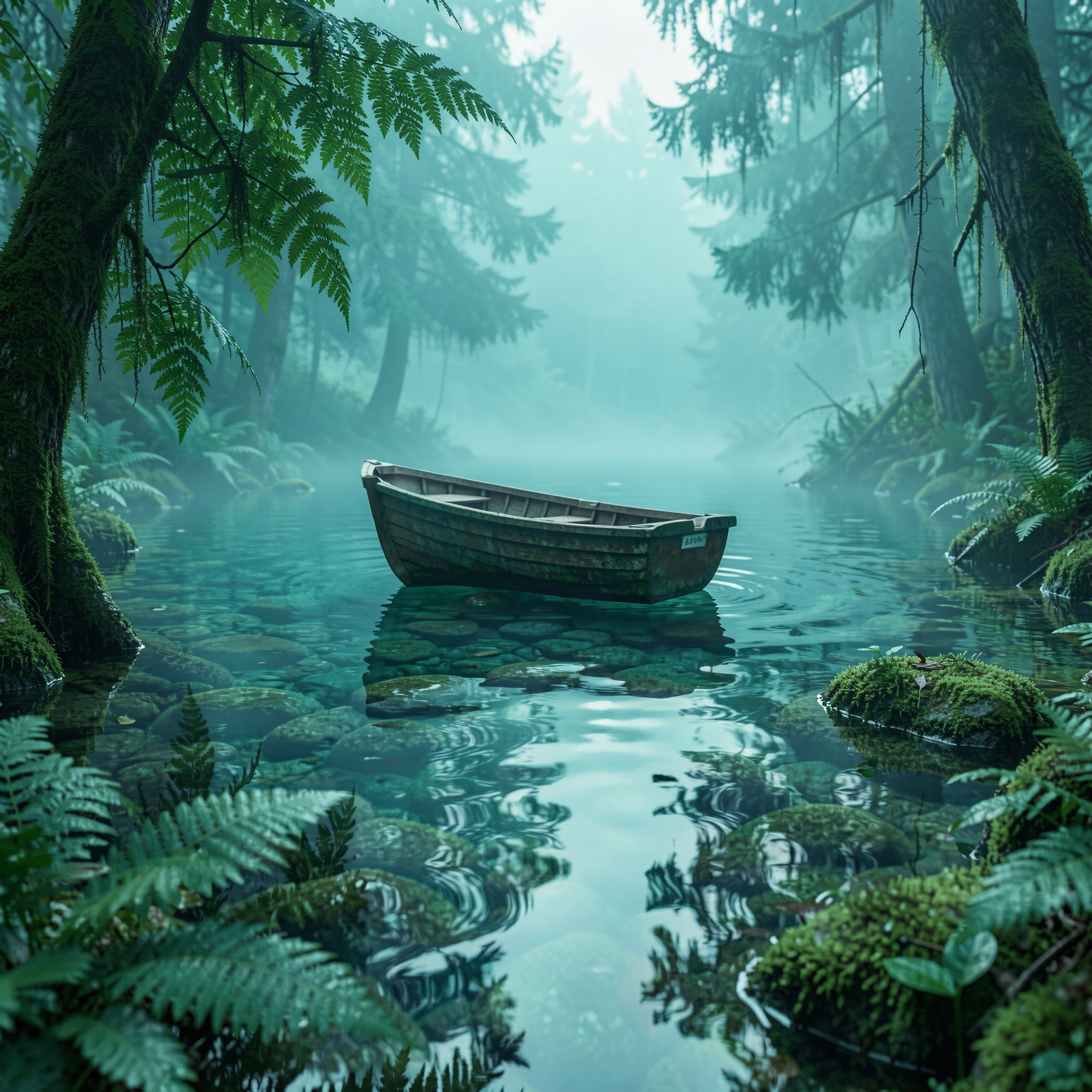 Weathered wooden rowboat floats on clear mist-shrouded forest water surrounded by mossy trees and lush ferns