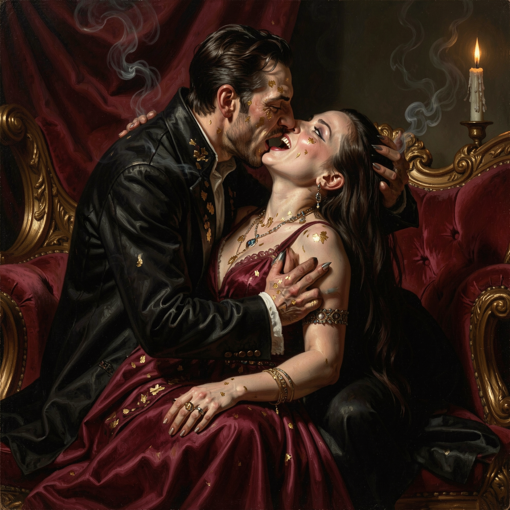 Baroque oil painting of an intimate vampire couple embracing on an ornate red velvet sofa, lit by candlelight
