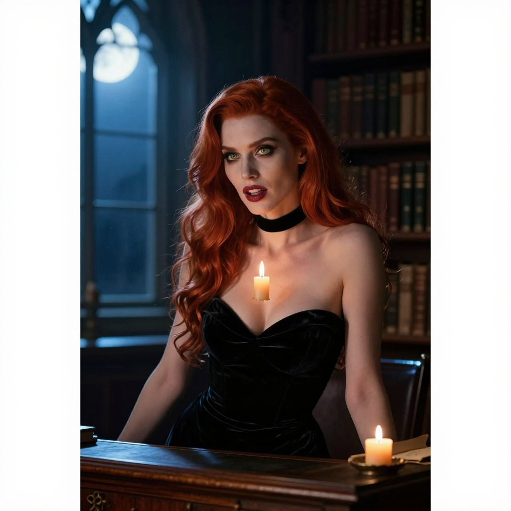 Red haired woman in a black velvet gown stands in a gothic library, a floating candle hovering above her chest