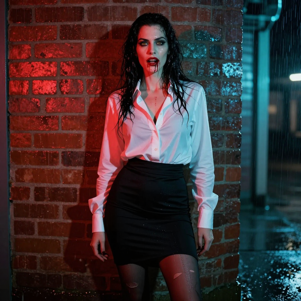 Wet vampire woman with blood dripping from her lips stands against a rain-soaked lit brick wall