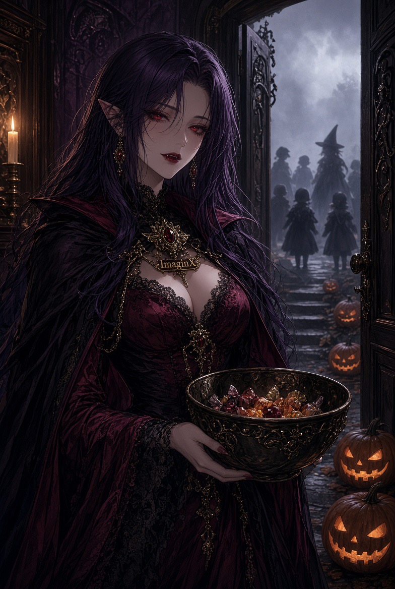 Regal purple-haired vampire elf holds a candy bowl at a mansion door as trick-or-treaters wait outside on Halloween