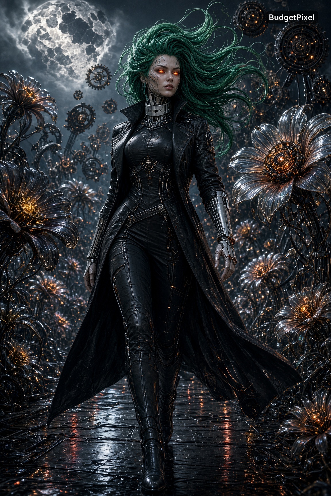 Cyborg woman with windblown green hair and glowing orange eyes walks through a mechanical flower field under a full moon