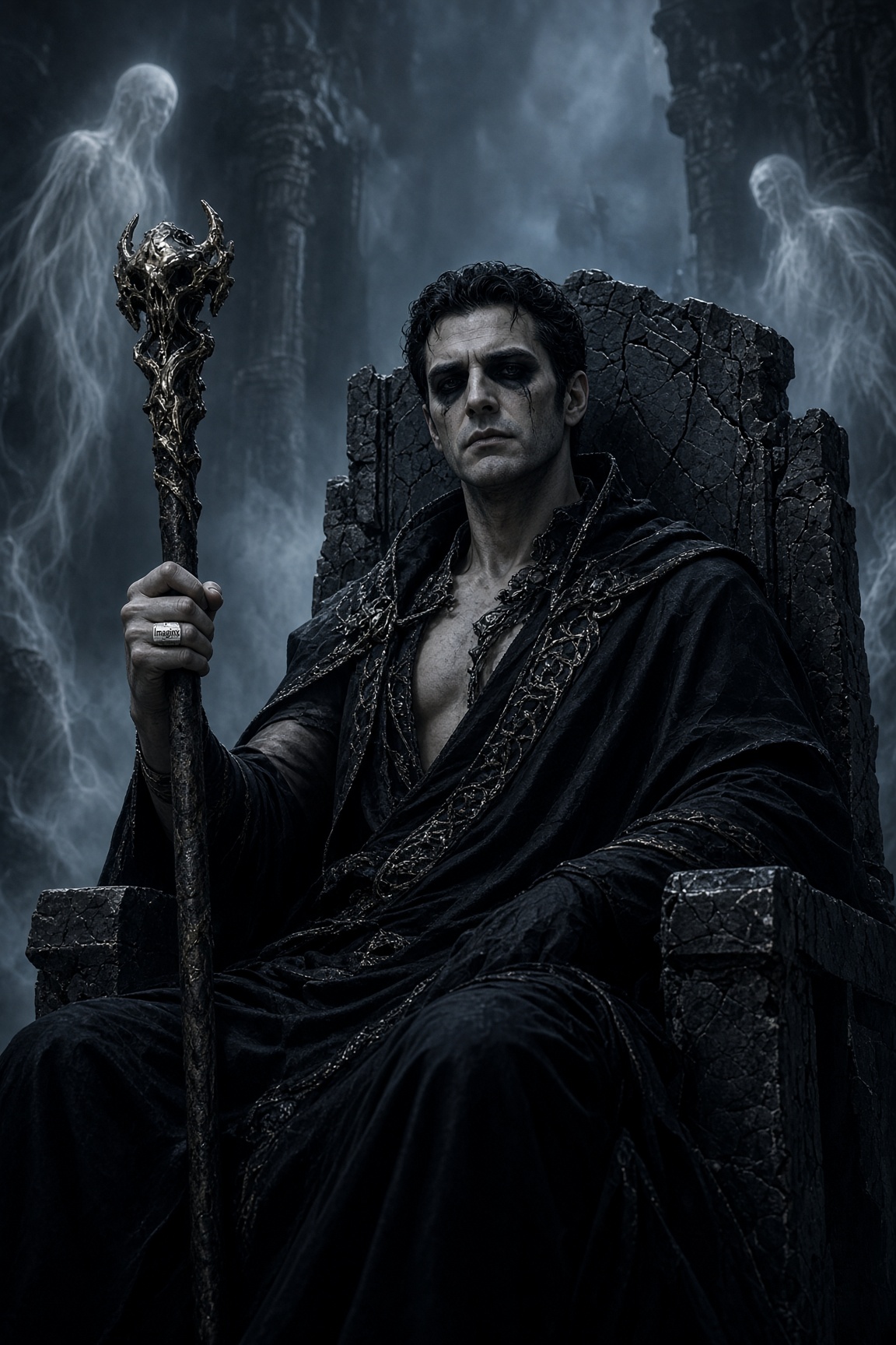 Hades, god of the underworld, sits on a cracked stone throne holding an ornate staff as ghostly spirits hover behind him
