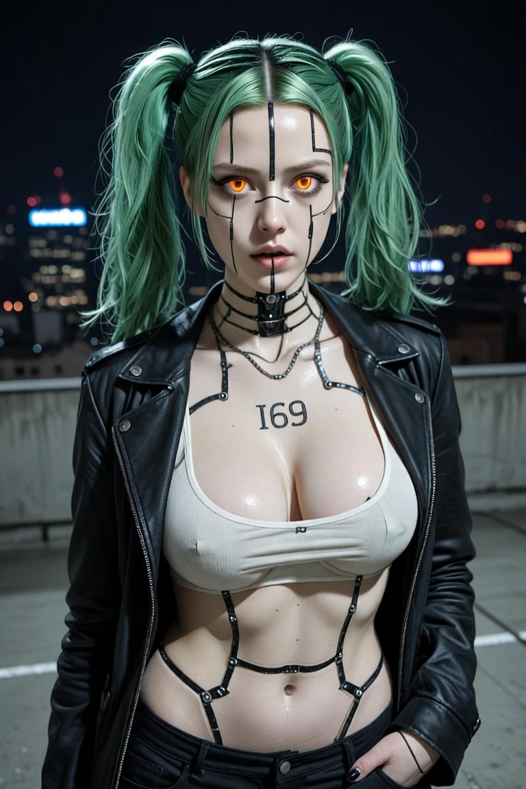 Cyberpunk cyborg girl with green pigtails and glowing orange eyes standing on a night city rooftop