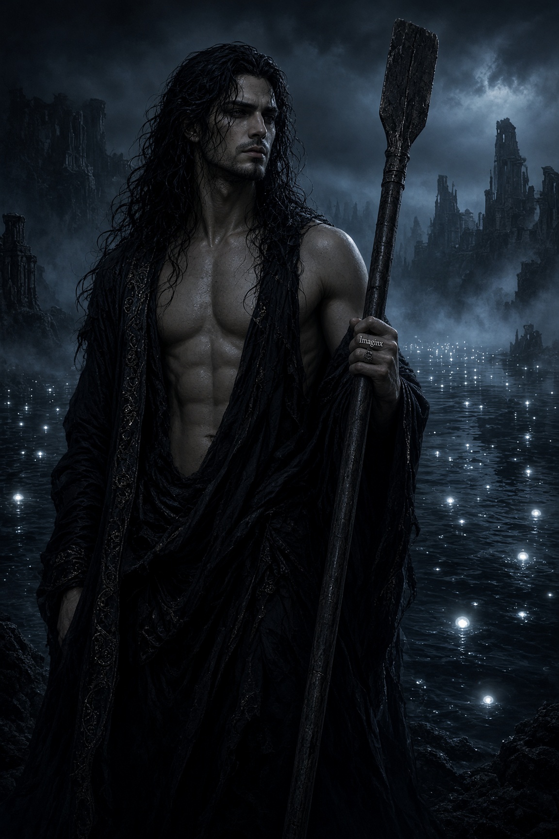 Muscular Charon ferryman holding a wooden oar stands beside misty glowing river Styx at night