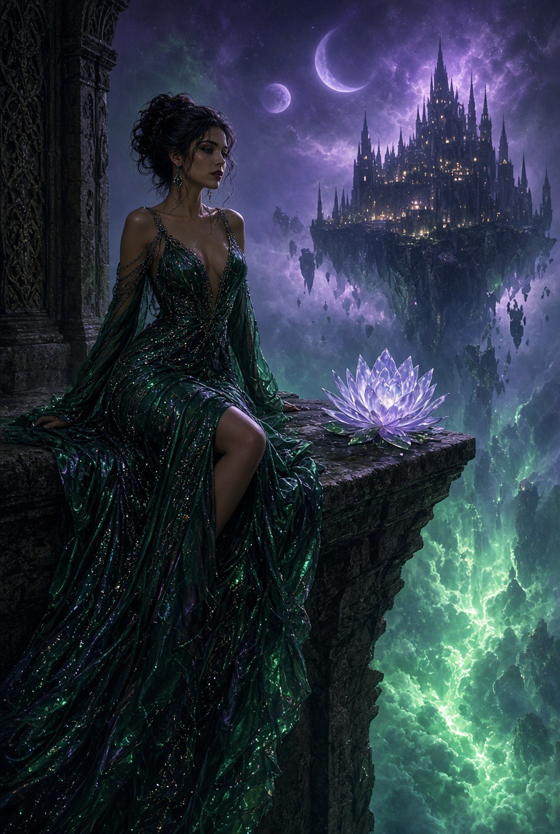 Regal dark fantasy sorceress in an emerald gown sits on a stone ledge beside a glowing purple lotus overlooking a floating