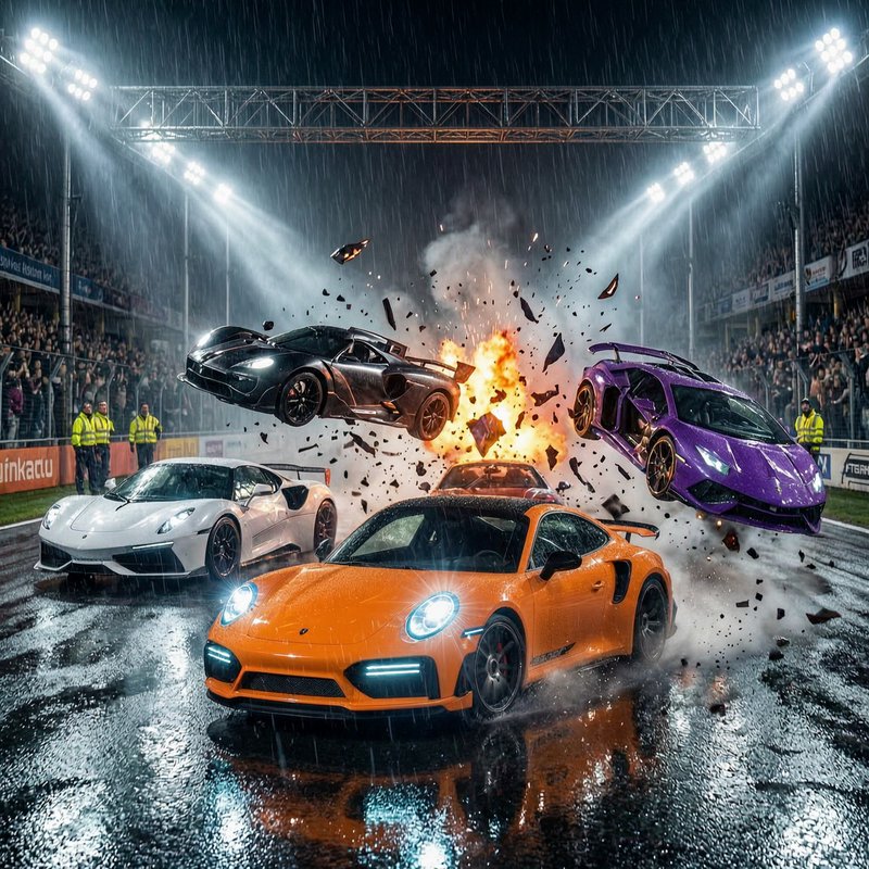 Orange Porsche leads as four supercars collide with an explosion under stadium lights in the rain.