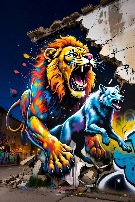 3D spray paint street art of a vibrant roaring lion and leaping blue wolf bursting through a crumbled urban wall at night