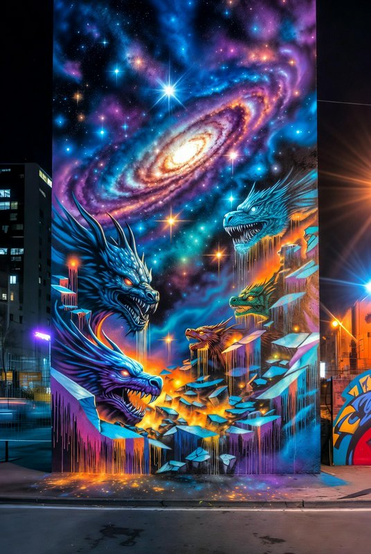 Large vibrant outdoor street art mural of glowing fantasy dragons against a swirling spiral galaxy, painted on a city
