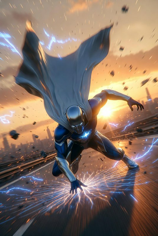 Futuristic armored superhero skids at high speed, unleashing glowing blue lightning on a city highway at golden sunset