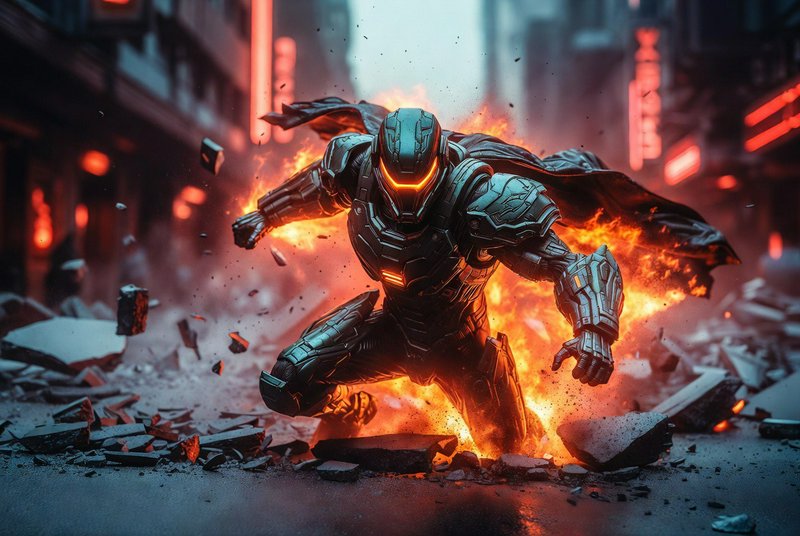 Armored futuristic superhero lands explosively amid fire and flying debris on a neon cyberpunk city street