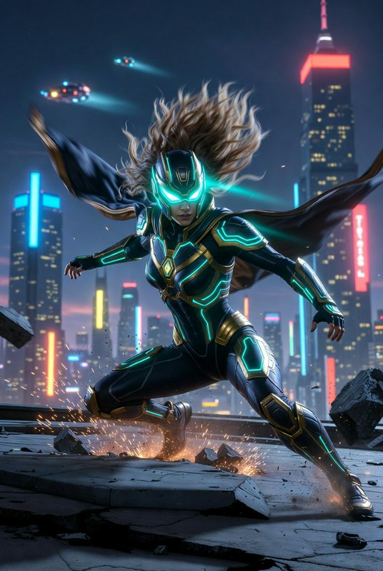 Futuristic female superhero in glowing teal armor lands on a rooftop overlooking a neon cyberpunk city skyline at dusk.