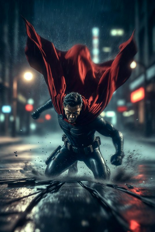 Fierce caped superhero forcefully lands on wet rain-soaked city pavement at night, billowing bright red cape, cracked