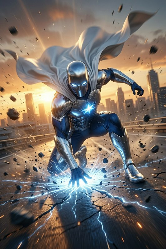 [Metallic armored superhero lands powerfully on a cracked city bridge, glowing blue energy erupting from his hand at golde...