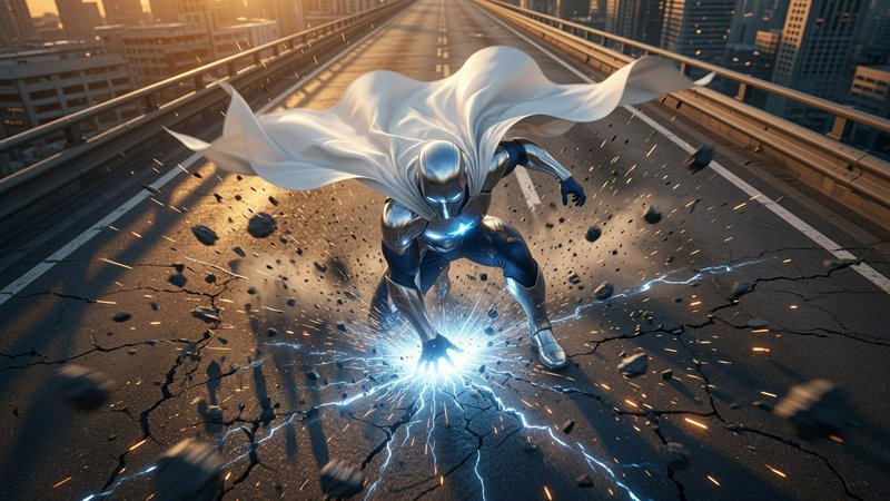 Silver armored superhero with flowing white cape lands forcefully on a city bridge, cracking asphalt with glowing