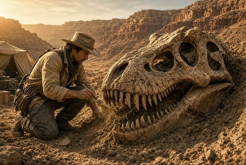 [Paleontologist kneels brushing a partially unearthed T-rex fossil skull at a sunlit desert canyon excavation site.]