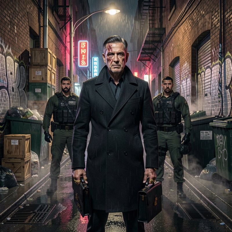 Scarred senior crime boss holding two briefcases stands flanked by armed guards in a rainy neon-lit urban alley at night.