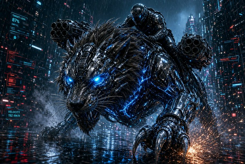[Futuristic armored soldier riding a glowing blue cybernetic lion charging through a rainy neon cyberpunk city at night]
