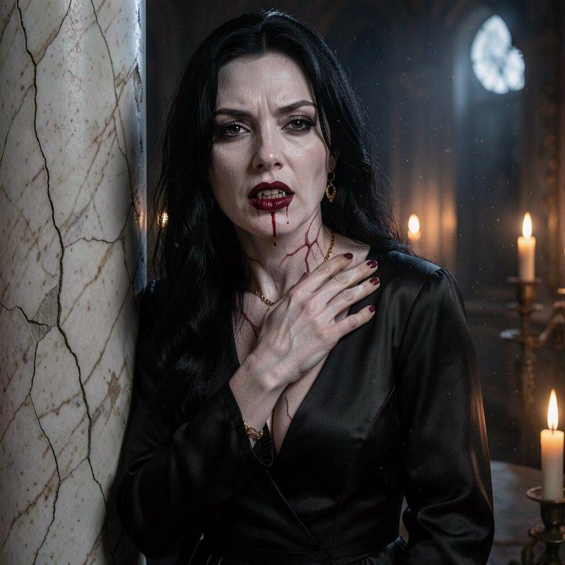 Ultra-photorealistic cinematic portrait of a sensual adult vampire woman in a decaying baroque palace at night. Pale luminous skin with visible veins at the throat, dark red lips slightly parted, sharp but elegant fangs just visible. Long black hair falling over a deep-cut black silk gown. She leans against a cracked marble column, one hand on her own collarbone, looking straight at the camera with heavy-lidded hunger. Candlelight and moonlight mix on her skin. Extreme detail on skin texture, silk, dust in the air, old gold jewelry, a single drop of blood at the corner of her mouth. Shallow depth of field, 8k, photorealistic