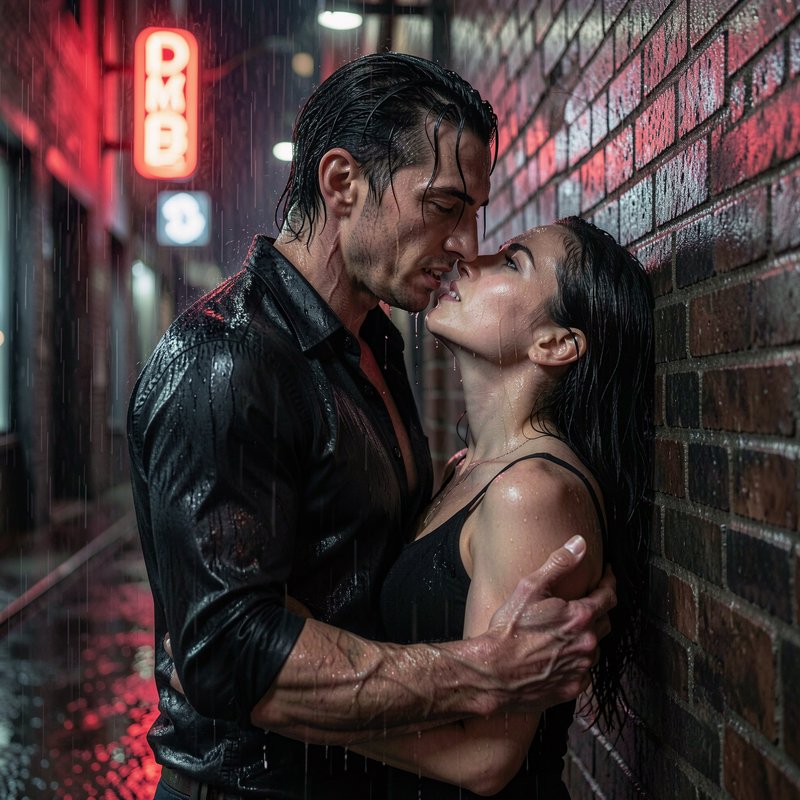 [Passionate couple embracing about to kiss in a rainy neon-lit urban alley, leaning on a wet brick wall at night]