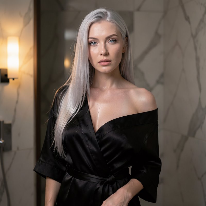 [Woman with long silver hair in a black satin bathrobe stands in a marble bathroom, post-shower with glistening skin]