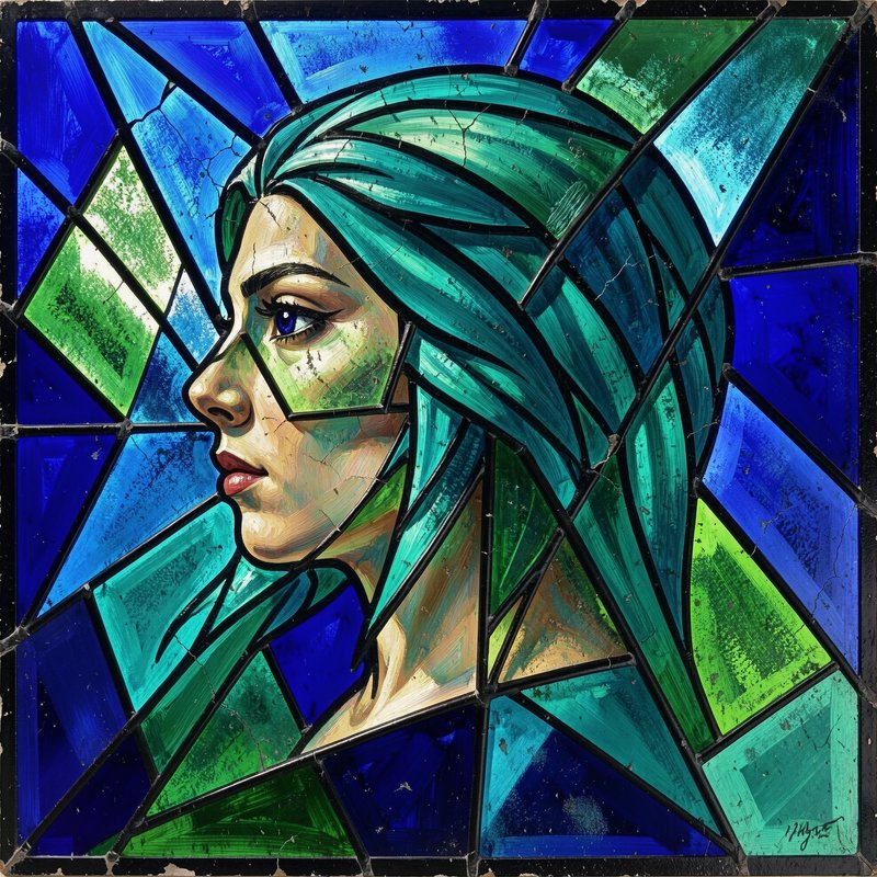 Leaded stained glass portrait of a woman with teal hair, rendered in profile against blue and gre...