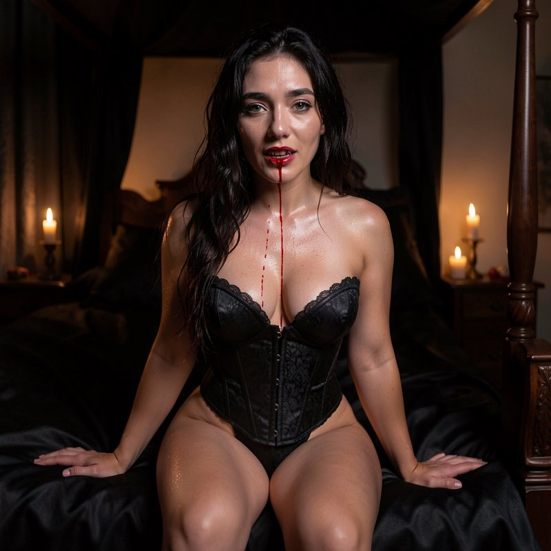 Gothic female vampire in a black lace corset sits on a dark satin bed, blood dripping from her li...