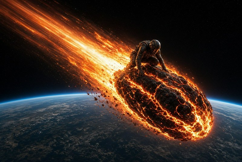 Astronaut crouched on a fiery molten meteor streaking above planet Earth during atmospheric re-entry