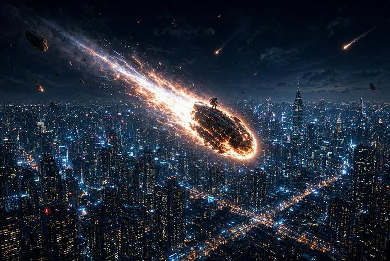 Silhouetted superhero rides a blazing streaking meteor high above a glowing nighttime futuristic ...