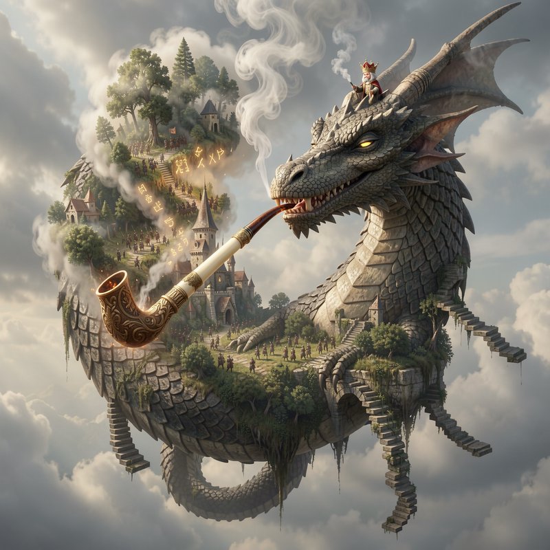 Surreal fantasy art of a giant stone dragon supporting a floating medieval kingdom, smoking an or...