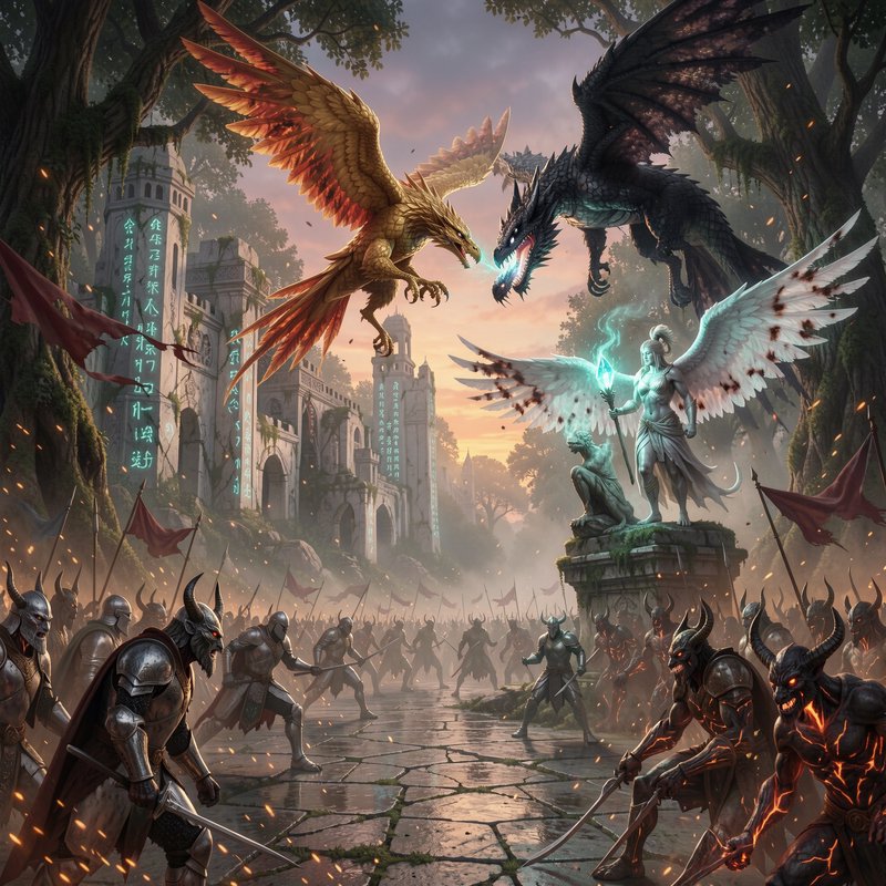Epic fantasy battle scene: golden griffin vs black dragon, opposing demon armies, and angel statu...