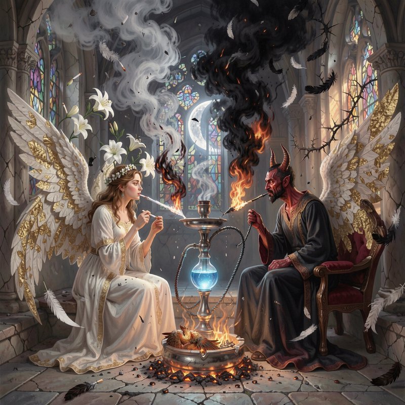 Golden-winged angel and horned winged demon share a hookah, seated opposite one another in a crum...