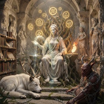 Ancient stone goddess on root throne, floating glowing runes, mythic stag-wolf and chained demon ...