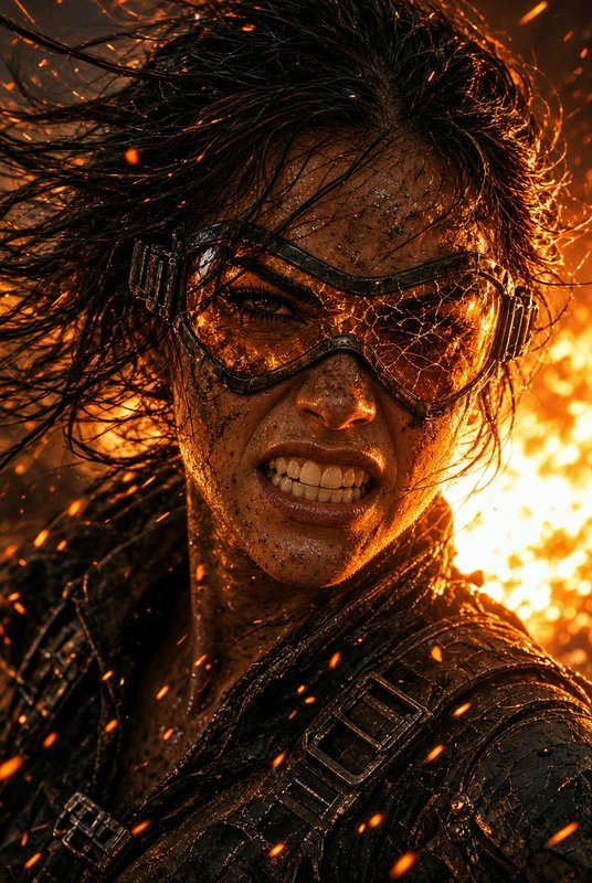 Close-up of fierce gritty female survivor with cracked tactical goggles, wind-tousled hair, stand...