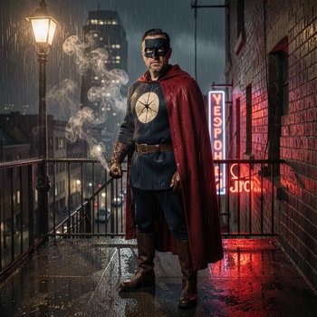 Masked retro superhero in red cape stands on wet rainy city fire escape at night beside glowing s...