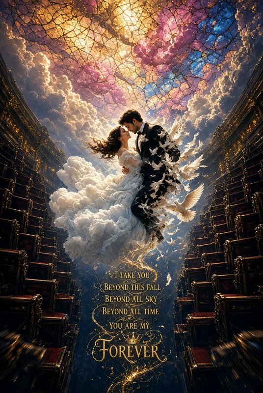Surreal fantasy wedding couple floating in celestial theater surrounded by doves, with a romantic...